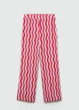 Pantalon wideleg de tiro medio con cintura elástica, confeccionado en tejido fluido de viscosa con estampado de ondas verticales en tonos fucsia, rosa y naranja.
