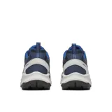 Zapatillas de senderismo Merrell Speed Strike 2 para hombre, color azul marino con detalles en gris y negro. Presentan una parte superior de malla transpirable y material sintético resistente a la abrasión, cuello acolchado y entresuela de espuma EVA ligera para mayor estabilidad. La suela de goma ofrece tracción duradera para actividades al aire libre.