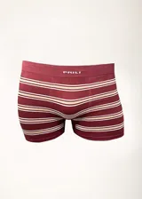Boxer de microfibra color borgoña con rayas horizontales color crema y cintura elástica con la marca "PRILI" en blanco.