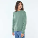 Buzo de felpa perchada color verde con cuello redondo y mangas largas.