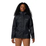 Campera impermeable Columbia modelo Arcadia II, color negro, con tecnología Omni-Tech, costuras selladas, capucha ajustable, cierre frontal y bolsillos laterales con cremallera.