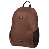 Mochila marrón de poliéster con revestimiento de PU, marca Caterpillar, modelo Tokyo Urban. Cuenta con compartimento trasero acolchado para portátil, correas ajustables de malla, etiqueta tejida, cincha frontal reflectante, asa de agarre, y dos bolsillos laterales de malla.