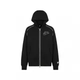Campera Nike Air negra con capucha, cierre frontal completo y ribetes blancos. Presenta estampado gráfico en el pecho y bolsillos estilo canguro.