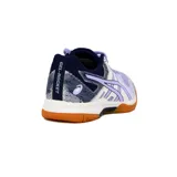 Championes de deporte Asics modelo Gel-Rocket 9 para mujer, en combinación de colores lila, blanco y azul marino, con suela de goma color caramelo ideal para canchas cubiertas.