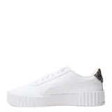 Championes Puma modelo Carina 3.0 Animal Flair, de diseño urbano con plataforma. Presentan una capellada de cuero sintético negro con el logo de la marca en dorado y suela de goma robusta con textura acanalada.