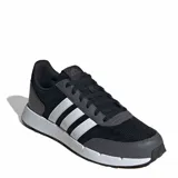 Championes Adidas Runtamed de diseño deportivo, color negro con detalles en gris y las icónicas tres tiras blancas en los laterales. Presentan una suela con plataforma blanca y refuerzos en la puntera y talón.