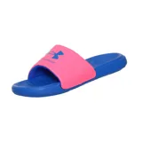 Ojotas Under Armour modelo Ansa Fix, con base azul y tira superior rosada con el logo de la marca estampado en azul.