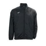 Campera impermeable Joma Rainjacket Iris, color negro, con cierre frontal completo, cuello alto y logo de la marca estampado en blanco en el pecho.
