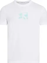 Remera blanca de algodón, manga corta y cuello redondo, con un estampado grande del logo de Calvin Klein Jeans en tonos verde menta/celeste en el centro del pecho.
