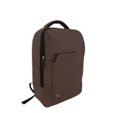 Mochila marrón de poliéster con compartimento para laptop, cierre de cremallera, bolsillo frontal y asa superior.