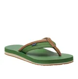 Ojotas Sanuk modelo Ziggy, con base verde y suela de tres capas en tonos verde, beige y marrón. Presenta tiras superiores combinadas en color verde y marrón.