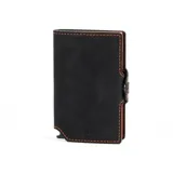 Billetera tarjetero de cuero sintético color negro con costuras en contraste color naranja. Cuenta con cierre lateral mediante broche a presión y diseño compacto.