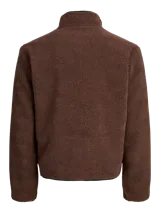 Campera de tejido tipo teddy color marrón, con cuello alto, cierre frontal completo y bolsillos laterales. Presenta un diseño de textura suave y abrigada con detalles de ribetes en color negro.