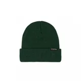 Gorro de lana tipo beanie de punto en color verde oscuro, con vuelta y pequeña etiqueta con el logo de la marca Emerica.