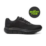 Championes deportivos para mujer, color negro, con capellada de malla transpirable y cordones a tono. Posee una suela gruesa con tecnología Memory Foam y etiqueta lateral que indica "Slip Resistant".
