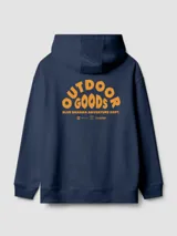 Hoodie azul marino de algodón orgánico, con capucha ajustable con cordón, bolsillo tipo canguro y pequeño estampado gráfico amarillo en el pecho.
