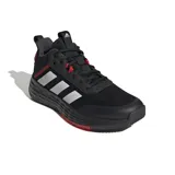 Championes adidas modelo Own The Game de básquet, color negro con detalles en rojo y las tres tiras clásicas en blanco. Presentan capellada de malla y materiales sintéticos, entresuela con tecnología Lightmotion para mayor amortiguación y suela de goma con inserción roja.