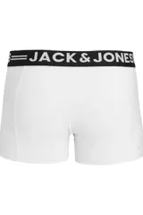 Pack de tres boxers tipo trunk blancos con ajuste ceñido y cintura elástica negra con logo Jack & Jones en blanco.