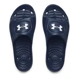 Sandalias tipo chinelas Under Armour, modelo Locker IV, confeccionadas en una sola pieza de EVA moldeada de secado rápido. Presentan un diseño ergonómico con perforaciones para evacuar el agua y el logo de la marca en relieve sobre la correa.