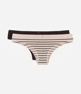 Pack de dos bombachas bikini Lov de poliamida seamless con textura acanalada. Incluye una bombacha lisa de color marrón oscuro y una bombacha de fondo beige con rayas horizontales marrones, ambas con pequeña etiqueta de la marca en la cintura.