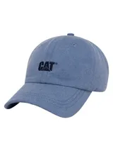 Gorro de visera curva de seis paneles, color azul melange, con el logo "CAT" bordado en la parte frontal en color azul oscuro.
