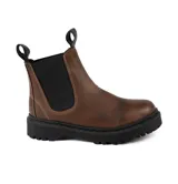 Bota Chelsea de cuero marrón con elásticos laterales negros, tiradores traseros y suela track negra.