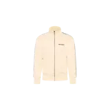 Campera deportiva Palm Angels de color beige claro, con cuello alto, cierre frontal completo y bolsillos laterales con cierre. Presenta bandas laterales en las mangas y el logo de la marca impreso en el pecho.
