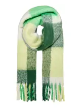 Bufanda tejida con flecos y textura suave, con diseño a cuadros en tonos verdes, amarillos y blancos.