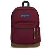 Mochila Jansport Right Pack color borgoña con base de gamuza marrón. Tiene un compartimento principal con cierre, un bolsillo frontal con cierre, un asa de mano y correas acolchadas para los hombros.