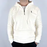 Canguro color crema de tela peluche con capucha, cierre de cremallera corto y bolsillo tipo canguro. Logo de la marca bordado en negro en el pecho.