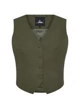 Chaleco verde oliva de lino con corte entallado, escote en V, cierre frontal con botones y pespuntes.