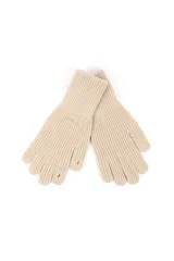 Guantes de punto color beige claro, tejido acanalado, con diseño de cinco dedos y orificios para el pulgar.