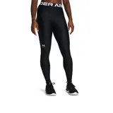 Calza deportiva negra Under Armour HeatGear, de tiro alto con pretina ancha con el logo de la marca en blanco.