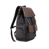 Mochila de tela canvas color negro con solapa y detalles en cuero sintético marrón. Presenta un cierre superior tipo marinero con cordón ajustable, solapa principal con correas y hebillas, y un bolsillo frontal con solapa. Posee bolsillos laterales con cierre metálico y correas de hombro ajustables.