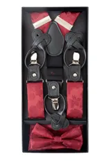 Set de tirantes, moña y pañuelo de bolsillo color rojo con diseño floral. Los tirantes son ajustables y tienen apliques para abrochar a botones o pinzas metálicas para sujetar al pantalón.