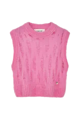 Chaleco sin mangas de punto con textura calada en diseño de rombos, cuello redondo y terminaciones acanaladas en color rosado.