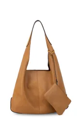 Cartera tipo hobo de cuero sintético color tostado, con diseño de hombro, costuras verticales decorativas y monedero pequeño extraíble a tono.
