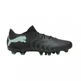 Championes de fútbol Puma Future 9 Match Fusion, color negro con detalles en verde menta y suela con tapones para césped firme.