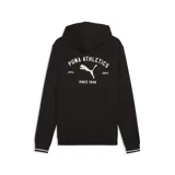 Canguro Puma de felpa color negro, con capucha con cordón ajustable, bolsillo frontal tipo canguro y detalles de líneas blancas en los puños. Presenta un pequeño estampado circular en el pecho con el logo de la marca y la inscripción "Puma Athletics".