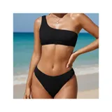 Conjunto de bikini texturado color tostado, compuesto por un top de un solo hombro y bombacha vedetina tiro medio.