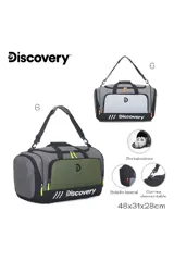 Bolso deportivo Discovery con compartimento principal, bolsillo lateral para calzado y correa ajustable desmontable. Diseño en combinación de gris, verde oliva y negro con detalles en verde flúor.