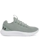 Championes de entrenamiento Under Armour Dynamic 2, color verde grisáceo con suela blanca. Presentan parte superior de tejido IntelliKnit para mayor suavidad y sujeción, mediasuela Flow para amortiguación reactiva y estabilidad en movimientos laterales, y logo de la marca en el talón.