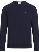 Sweater azul marino de algodón y seda, con cuello redondo, puños y bajo de canalé. Logo CK bordado en el pecho.