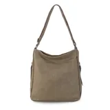 Cartera tipo hobo o de hombro, color beige topo, confeccionada en símil cuero con textura suave. Presenta costuras decorativas en el frente dividiendo el panel en cuatro secciones. Posee dos correas trenzadas para llevar al hombro y cierres laterales decorativos con tiradores de cuero.