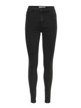 Pantalón jean skinny de tiro alto en color negro, con bolsillos delanteros y traseros, confeccionado en denim elástico.