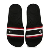 Chanclas negras con base texturizada y tira ancha con logo "BR Sport" y franjas blancas y rojas.