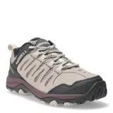 Championes de trekking Merrell modelo Crosslander 3, con diseño técnico en tonos beige, gris y detalles en violeta. Presentan una combinación de gamuza y malla transpirable, con refuerzos sintéticos en la puntera y laterales para mayor protección. Cuentan con suela de goma con relieve para tracción y cierre mediante cordones.