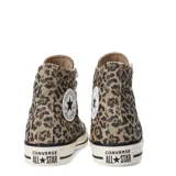 Championes Converse Chuck Taylor All Star Hi de caña alta, con diseño de estampado animal print de leopardo, puntera de goma blanca y cordones claros.