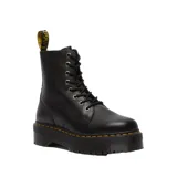 Botas de caña media Dr. Martens modelo Jadon III, confeccionadas en cuero Pisa negro con acabado texturizado. Presentan cierre de cordones con 8 ojales metálicos, suela de plataforma Quad con costuras amarillas en la vira y presilla trasera característica de la marca.