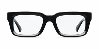 Lentes con protección contra luz azul y UV400, con montura cuadrada de material bio-based en color negro y cristales transparentes.